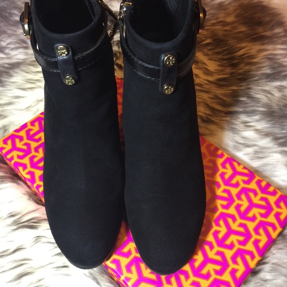 Tory Burch Black Suede Patricia Mid Heel Bootie - Picture 8 of 8